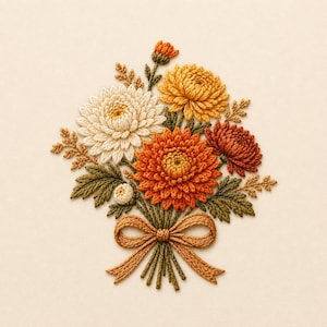 May include: An embroidery design featuring a bouquet of chrysanthemums in shades of cream, yellow, orange, and deep red, accented with green leaves and sprigs. The stems are gathered and tied with a textured brown embroidered ribbon bow.