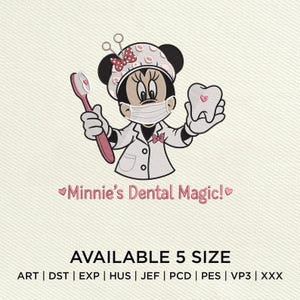 Puede incluir: Diseño bordado de Minnie Mouse como dentista, con bata de laboratorio y mascarilla, sosteniendo un cepillo de dientes y un diente con un corazón. El texto "Minnie's Dental Magic!" está debajo.
