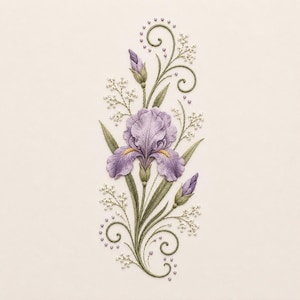 May include: An embroidery design featuring a central purple iris flower with yellow accents, surrounded by green leaves, small white floral sprigs, and delicate purple swirls. The composition is vertically oriented on a light cream background.