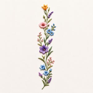 May include: A vertical floral embroidery patch featuring a central stem with green leaves and a variety of colorful blossoms including a yellow lily, pink petals, light blue flowers, and a prominent purple bloom, all rendered in detailed thread work.