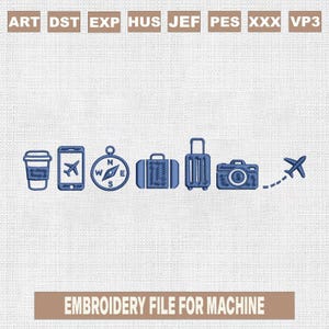 Travel Embroidery Design Bundle, Vacation Icons Set, Airplane Luggage Camera Compass Pattern, Machine Embroidery File, PES DST