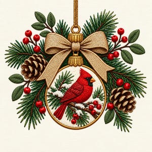 May include: A round Christmas ornament featuring an embroidered red cardinal perched on a snowy branch. The ornament is decorated with green pine needles, brown pinecones, red berries, and a textured gold bow at the top with a hanging cord.