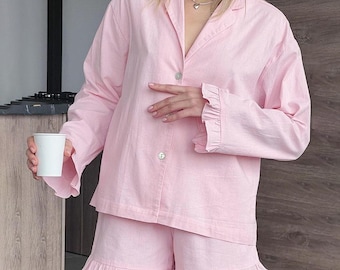 Cotton Ruffle Pajama Set, Soft Button-Up Sleepwear
