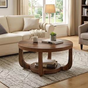 May include: A round wooden coffee table with a dark brown wood grain finish, featuring a lower circular shelf and four curved legs. The table surface holds a patterned ceramic mug, a small potted succulent, and a closed hardcover book.