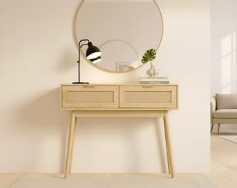 Rattan Console Table with Drawers, Natural Wood Entryway Table, MDF Storage Shelf Unit, Rustic Hallway Decor