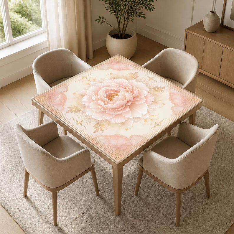 May include: A square dining table with a large floral design in shades of pink and cream. The table is surrounded by four beige upholstered chairs. The table and chairs are set on a neutral-colored rug.