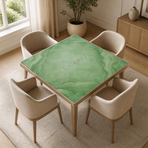 May include: A square dining table with a green marble-like top and wooden legs, surrounded by four beige upholstered chairs. The table's surface features a swirling pattern and the word "NAME" is etched into the surface.