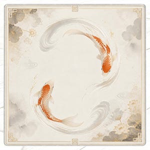 May include: An artistic square print featuring two koi fish swimming in a circular pattern. The fish are orange and white, set against a cream background with water and lotus flower accents. The print has a decorative border.