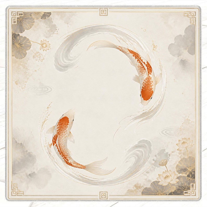 May include: An artistic square print featuring two koi fish swimming in a circular pattern. The fish are orange and white, set against a cream background with water and lotus flower accents. The print has a decorative border.