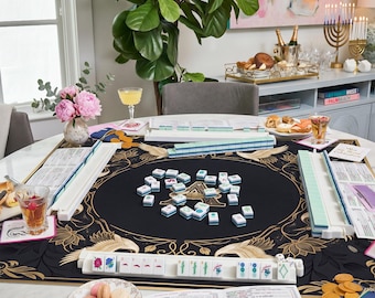 Personalized Mahjong Mat, Black Gold Crane Game Mat, Custom Initial 90x90cm, Double Stitched Gift