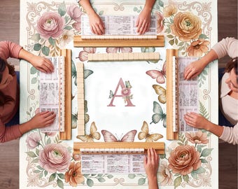 Personalized Mahjong Mat, butterflies Mahj Mat, Custom Initial 90x90cm, Mahjong Night Gift