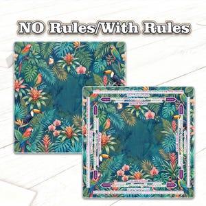 May include: Two square decorative mats with a tropical design. The mats feature a teal background with colorful parrots, toucans, and lush foliage. The text "NO Rules/With Rules" is at the top of the image.