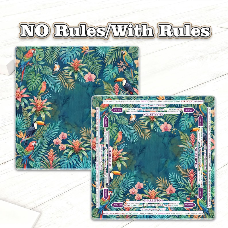 May include: Two square decorative mats with a tropical design. The mats feature a teal background with colorful parrots, toucans, and lush foliage. The text "NO Rules/With Rules" is at the top of the image.