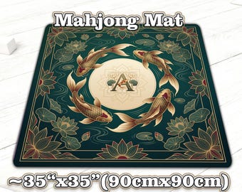 Personalized Mahjong Mat, Koi Lotus Fish Game Mat, Custom Initial 90x90cm, Double Stitched Gift