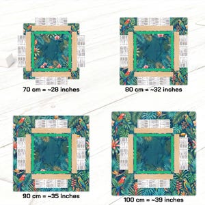 May include: Four square decorative mats with tropical designs. Each mat features a central teal area, surrounded by a green and light wood border. The mats are adorned with parrots and lush foliage. Sizes range from 28 inches to 39 inches.