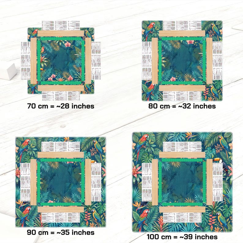 May include: Four square decorative mats with tropical designs. Each mat features a central teal area, surrounded by a green and light wood border. The mats are adorned with parrots and lush foliage. Sizes range from 28 inches to 39 inches.