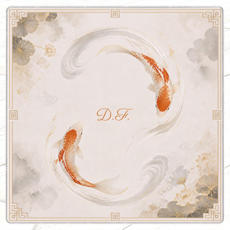May include: A square decorative art piece featuring two koi fish in a circular design. The fish are orange and white, set against a cream-colored background with water and floral accents. The initials "D.F." are in the center.