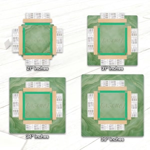 May include: Four square-shaped game boards with a green marble design and a wooden frame. Each board has a central green square with the text "[NAME]" and is surrounded by smaller rectangular areas. Sizes are 21", 31", 34", and 39" inches.