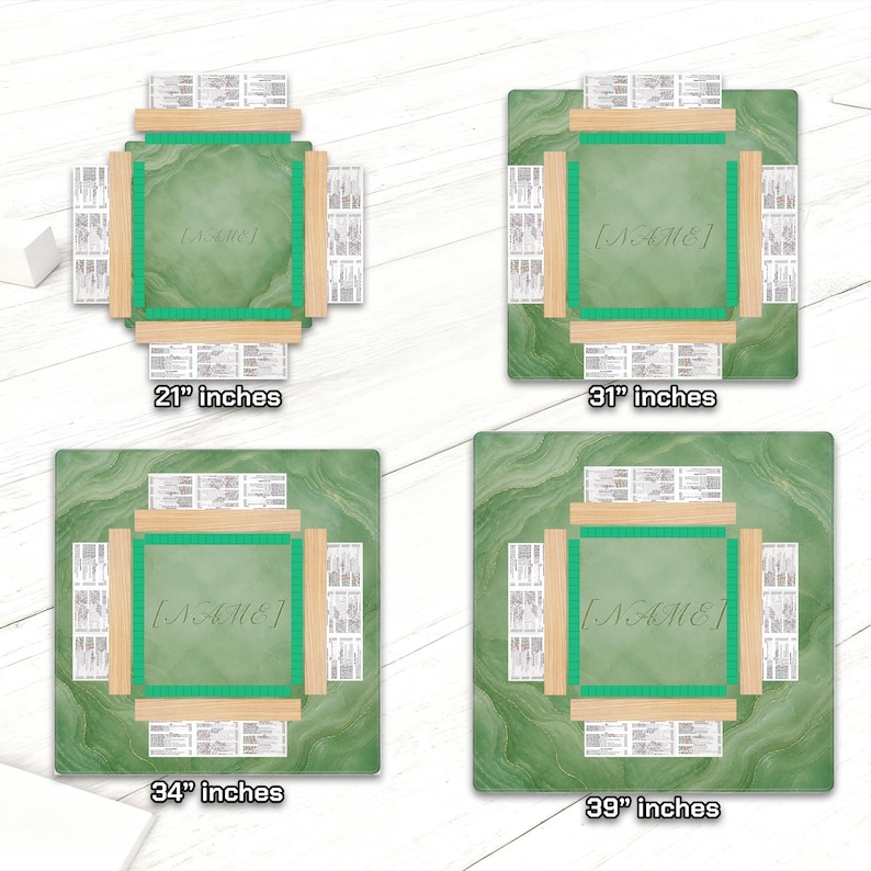 May include: Four square-shaped game boards with a green marble design and a wooden frame. Each board has a central green square with the text "[NAME]" and is surrounded by smaller rectangular areas. Sizes are 21", 31", 34", and 39" inches.