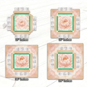 May include: Four decorative mats with a floral design, each with a different size. The mats feature a central peony image in shades of pink and cream, framed by a green border and a light wood-colored frame. The sizes are 21 inches, 31 inches, 34 inches, and 39 inches.
