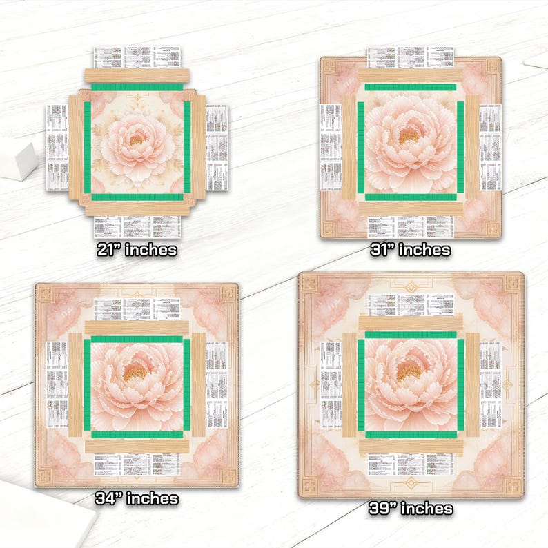 May include: Four decorative mats with a floral design, each with a different size. The mats feature a central peony image in shades of pink and cream, framed by a green border and a light wood-colored frame. The sizes are 21 inches, 31 inches, 34 inches, and 39 inches.