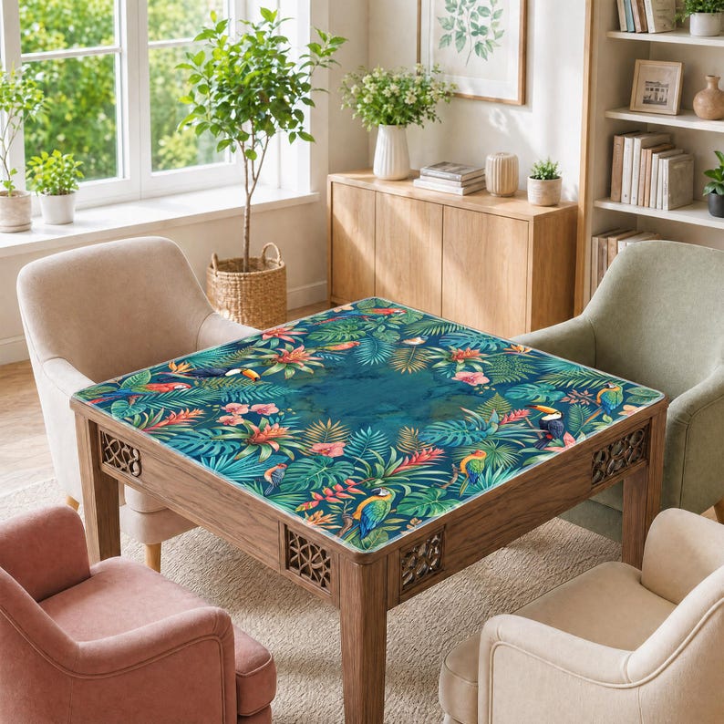 May include: A wooden square table with a vibrant tropical design. The table features a teal background with colorful toucans, flowers, and lush green foliage. The table is surrounded by four upholstered chairs in neutral tones.