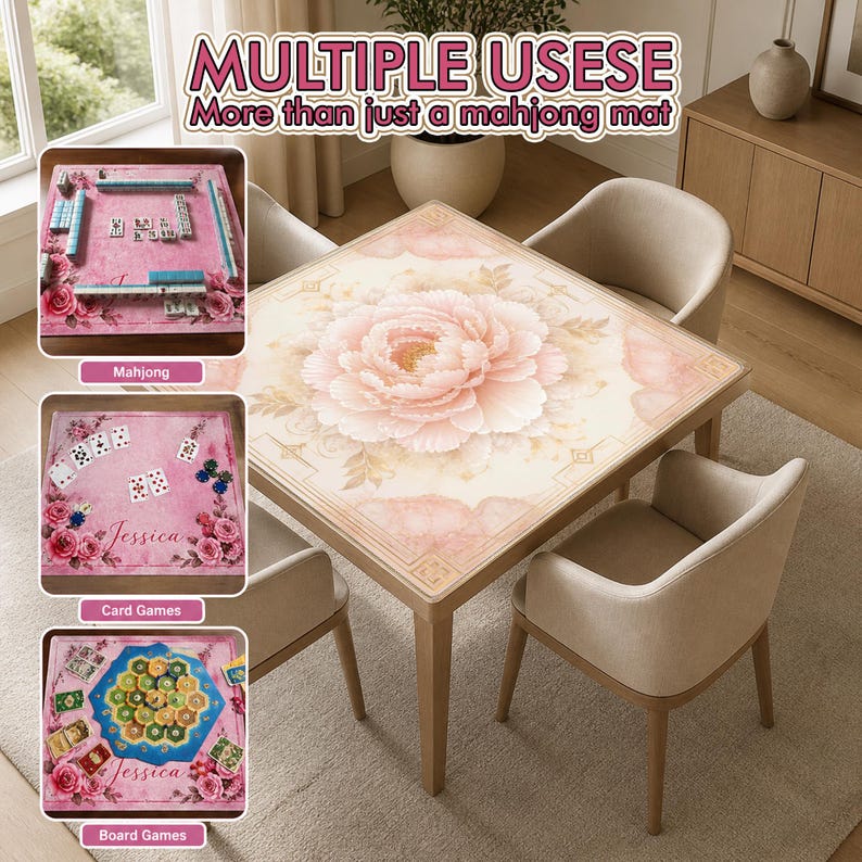 May include: A square table with a large pink peony design, surrounded by four beige chairs. The image also shows a mahjong set, card games, and board games, with the text "MULTIPLE USESE" and "More than just a mahjong mat".