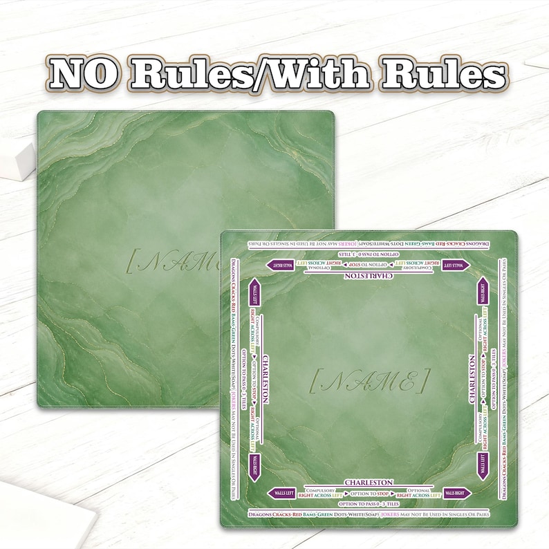 May include: Two green square game boards with a marbled design. One board has text around the edges with the word "Charleston" and directional arrows. The other board has a similar design but no text. The text "NO Rules/With Rules" is at the top.