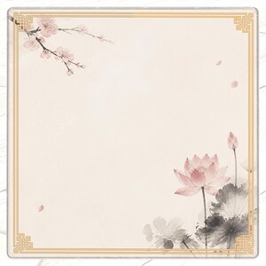 May include: Square beige background with a gold border and corner designs. Watercolor illustrations of pink cherry blossoms and a lotus flower with gray leaves and a bud are in the corners. Soft, artistic design.