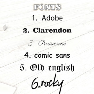 May include: A list of six different font styles, including Adobe, Clarendon, Parisienne, comic sans, Old English, and rocky. The word "FONTS" is at the top of the image in a decorative font. The fonts are displayed in black against a white wooden background.