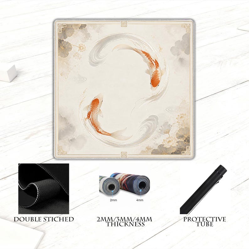 May include: A square mousepad featuring a watercolor design of two orange koi fish swimming in a circular pattern. The mousepad has a beige background with floral and cloud accents. The image also shows the mousepad's thickness and a protective tube.