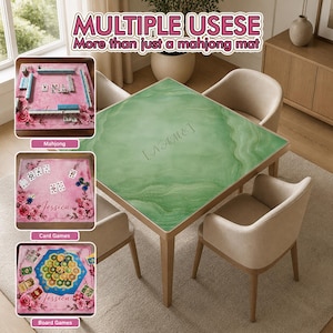 May include: A square table with a green marble-like surface, surrounded by beige chairs. The image shows the table can be used for multiple games, including Mahjong, card games, and board games. The text "MULTIPLE USESE" and "More than just a mahjong mat" is visible.