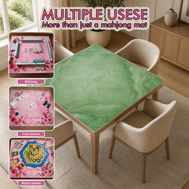 May include: A square table with a green marble-like surface, surrounded by beige chairs. The image shows the table can be used for multiple games, including Mahjong, card games, and board games. The text "MULTIPLE USESE" and "More than just a mahjong mat" is visible.
