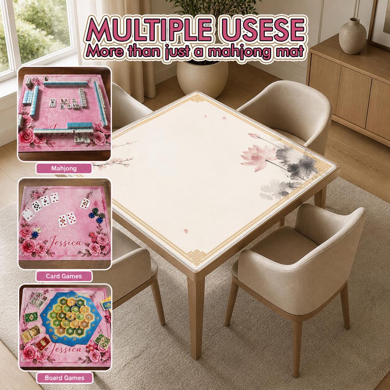 May include: A square table with a floral design, surrounded by four beige chairs. The image shows the table used for mahjong, card games, and board games. The text reads "MULTIPLE USESE More than just a mahjong mat."