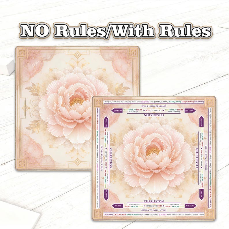 May include: Two square decorative tiles featuring a large, light pink peony flower design. The tiles have a soft, vintage aesthetic with a floral pattern and the word "Charleston" printed on one tile.