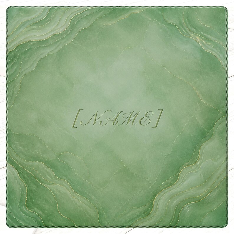 May include: A square, green decorative mat with a marbled design and gold accents. The mat features the word "NAME" in a stylized font. The edges have a wavy pattern, and the background is a light green color.