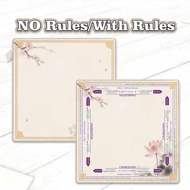 May include: Two square game boards with floral and geometric designs. One board is blank, while the other features text and illustrations, including the word "Charleston" and instructions. The boards have a cream background with gold borders.