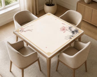 Lotus & Sakura Mahjong Mat, Non-Slip Noise Reduction Table Cover Accessories for Dominoes Poker Board and Tile Games Gifts