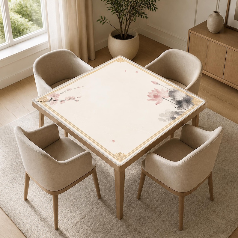 May include: A square dining table with a cream-colored surface, adorned with floral artwork and a gold border, is surrounded by four beige upholstered chairs. The table and chairs are set on a light-colored rug, creating a cohesive dining set.