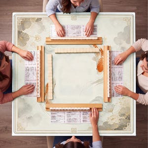 May include: Overhead view of a Mahjong game in progress. The square table features a cream-colored surface with a floral and koi fish design. Wooden racks hold tiles, and players' hands are visible. The game is set up for four players.