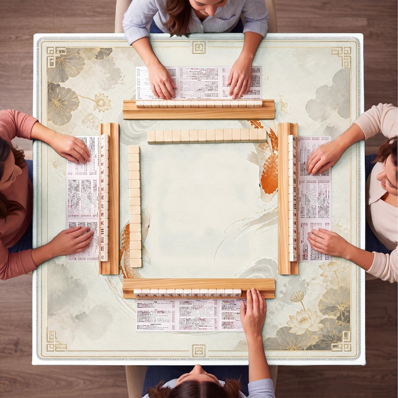 May include: Overhead view of a Mahjong game in progress. The square table features a cream-colored surface with a floral and koi fish design. Wooden racks hold tiles, and players' hands are visible. The game is set up for four players.