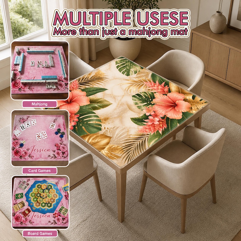 K&ouml;nnte beinhalten: Ein quadratischer Tisch mit floralem Design, umgeben von vier beigefarbenen St&uuml;hlen. Der Tisch ist mit rosa Hibiskusbl&uuml;ten und gr&uuml;nen Bl&auml;ttern verziert. Das Bild zeigt auch drei kleinere Bilder von Spielmatten f&uuml;r Mahjong, Kartenspiele und Brettspiele. Der Text lautet "MULTIPLE USES" und "More than just a mahjong mat."