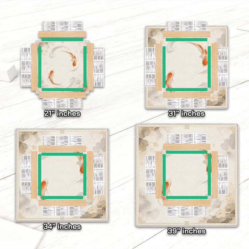 May include: Four square decorative mats with a koi fish design. Each mat has a different size, including 21 inches, 31 inches, 34 inches, and 39 inches. The mats feature a light beige background with orange fish and green and brown borders.