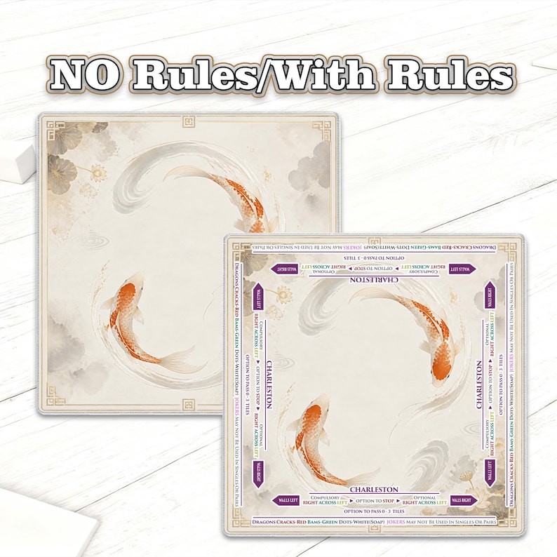 May include: Two square game boards featuring koi fish swimming in a circular pattern. The boards have a cream background with a decorative border and the text "NO Rules/With Rules" at the top. One board has additional text and instructions.