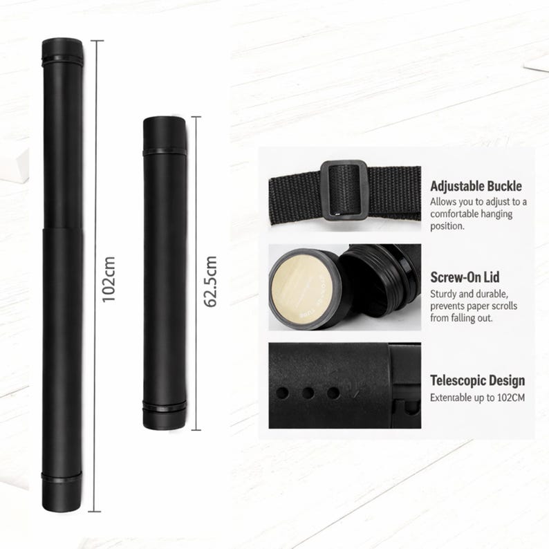 May include: Black telescopic document tube, extendable up to 40 inches, with an adjustable buckle and screw-on lid. The tube is 24.6 inches long when collapsed. The text on the image says "Adjustable Buckle", "Screw-On Lid", and "Telescopic Design".