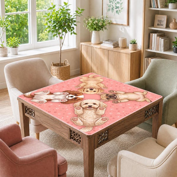 Funny Cute Puppies Pink Mahjong Mat, Cat Lovers Non-Slip Noise Reduction Table Cover Accessories for Dominoes Poker Board and Tile Gifts