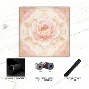 May include: A square mousepad featuring a large, detailed peony flower in shades of pink and cream, set against a soft, patterned background. The mousepad has a double-stitched edge and comes with a protective tube. Thickness options are 2mm, 3mm, and 4mm.