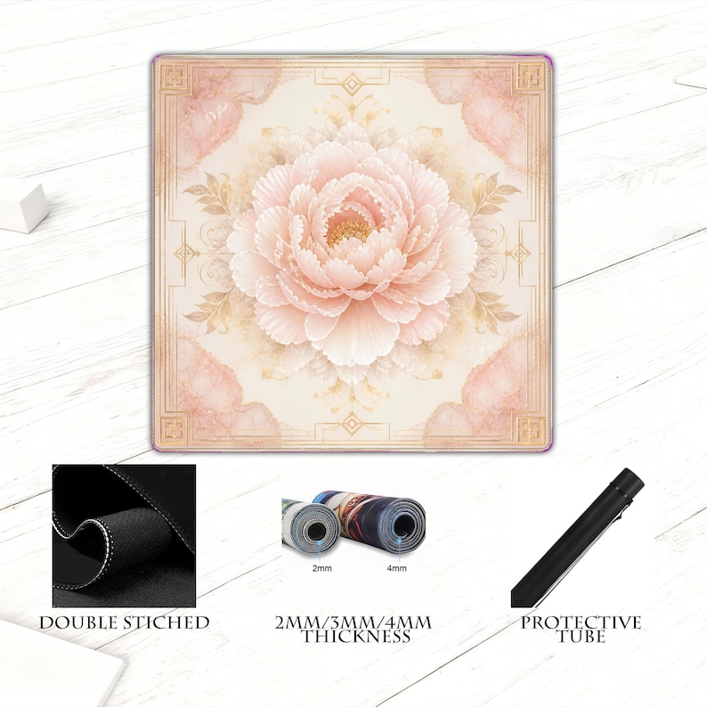 May include: A square mousepad featuring a large, detailed peony flower in shades of pink and cream, set against a soft, patterned background. The mousepad has a double-stitched edge and comes with a protective tube. Thickness options are 2mm, 3mm, and 4mm.