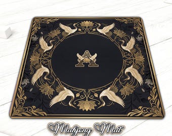 Personalized Mahjong Mat, Black Gold Crane Game Mat, Custom Initial 90x90cm, House Warming Gift