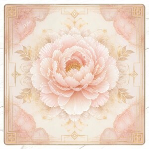 May include: Square decorative mat featuring a large, light pink peony flower at the center, surrounded by gold-colored leaves and geometric patterns. The corners have pink watercolor-like accents, creating a soft, elegant design.